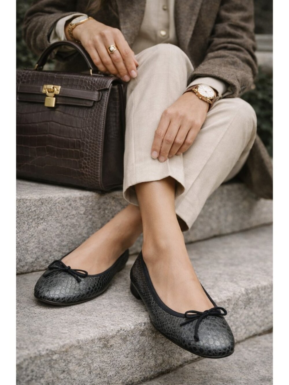 Summit Snake Embossed Black Leather Ballet Flats Womens EU 40 US 9 Made in Italy